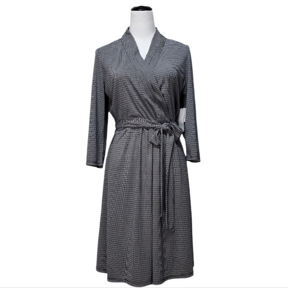 Liz Claiborne Black White Geometric Pattern Faux Wrap Dress Size Large